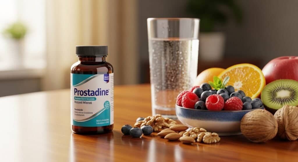 Prostadine supplement alongside a healthy lifestyle, supporting prostate health and overall well-being