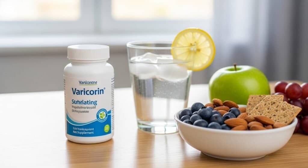 Natural supplement Varicorin placed next to healthy snacks and water for vein health