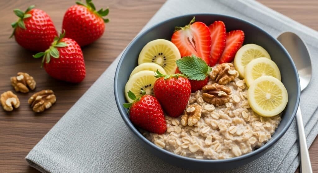 A healthy bowl of oatmeal topped with fresh fruits and nuts, a fiber-rich meal to naturally lower cholesterol