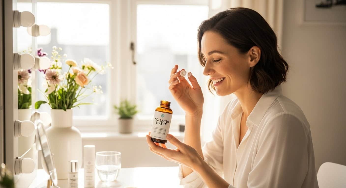 Smiling woman practicing skincare with collagen supplement, representing anti-aging, natural beauty, and women’s health benefits.