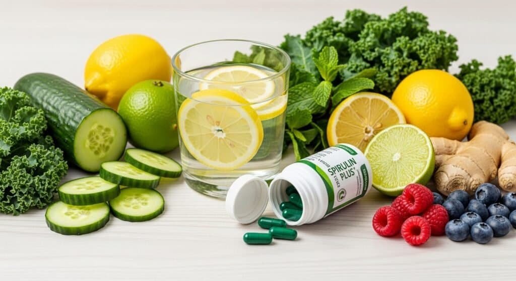 Detox reset ingredients, including fruits, veggies, and Spirulin Plus supplement for a healthier gut