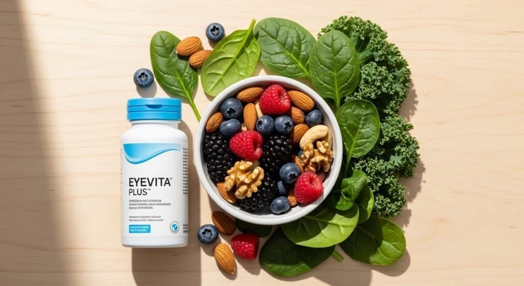 Eyevita Plus supplement bottle placed with natural foods supporting eye nutrition. it helps to improve eyesight naturally