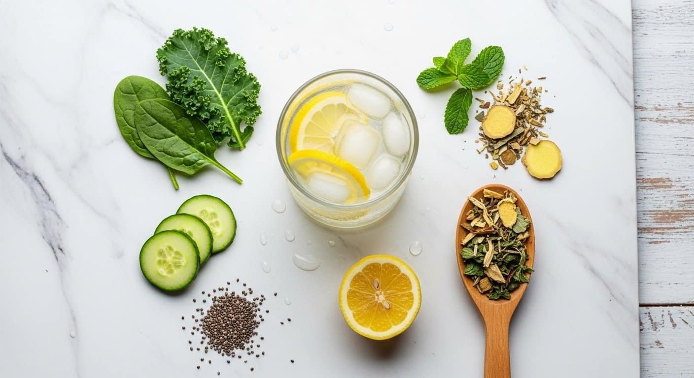 Healthy detox ingredients including lemon water, greens, and herbs on a clean background representing gut cleanse and natural detox.