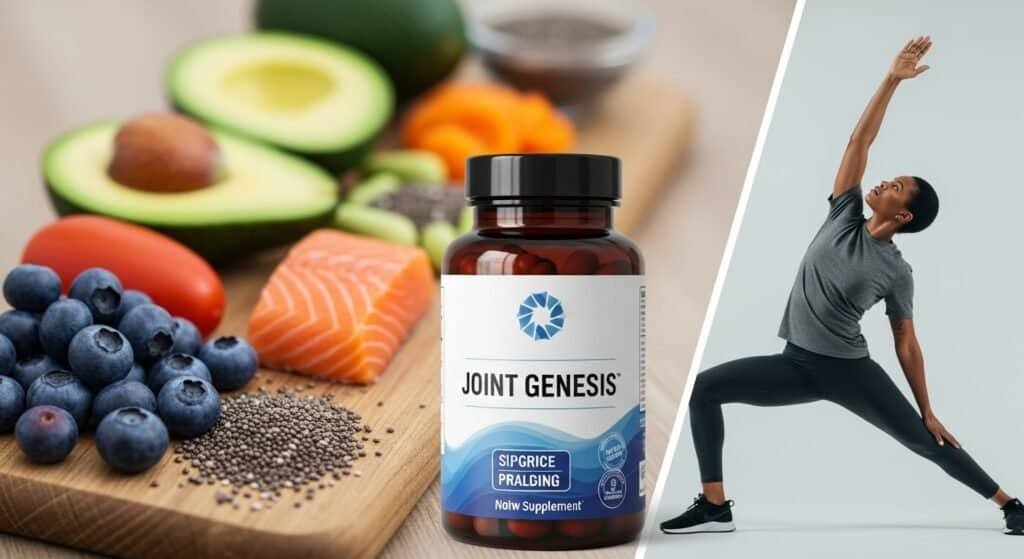 Joint Genesis supplement helping support joint health and reduce pain, paired with healthy lifestyle habits helps to improve joint health naturally
