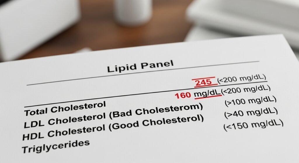 A close-up of a cholesterol blood test result showing high levels, representing the hidden dangers of high cholesterol.