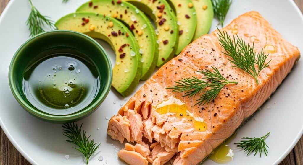 A healthy plate with avocado, olive oil, and salmon, showcasing heart-healthy fats that help lower cholesterol.