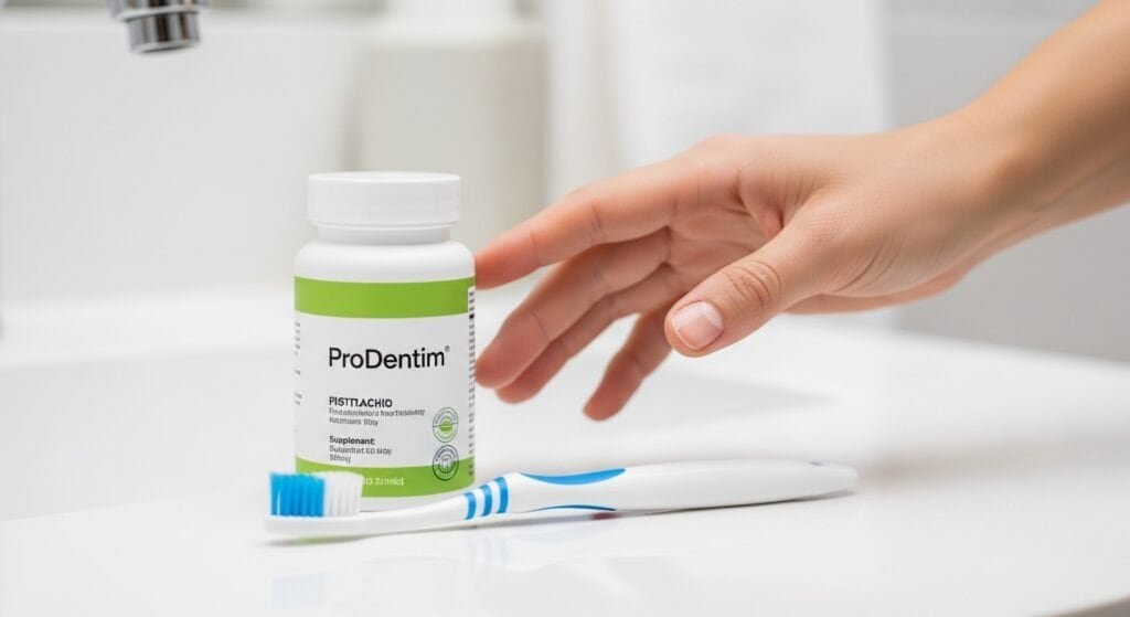 ProDentim supplement placed next to a toothbrush for fresh breath. strengthen the teeth and helps to get fresh breath naturally