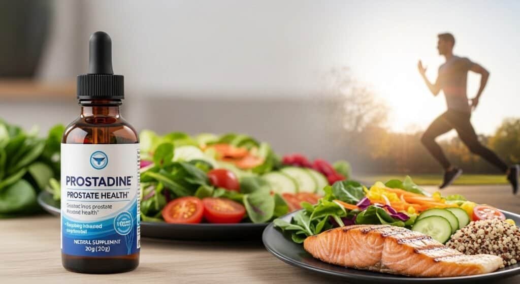 Prostadine supplement supporting prostate health, placed alongside healthy foods and an active lifestyle