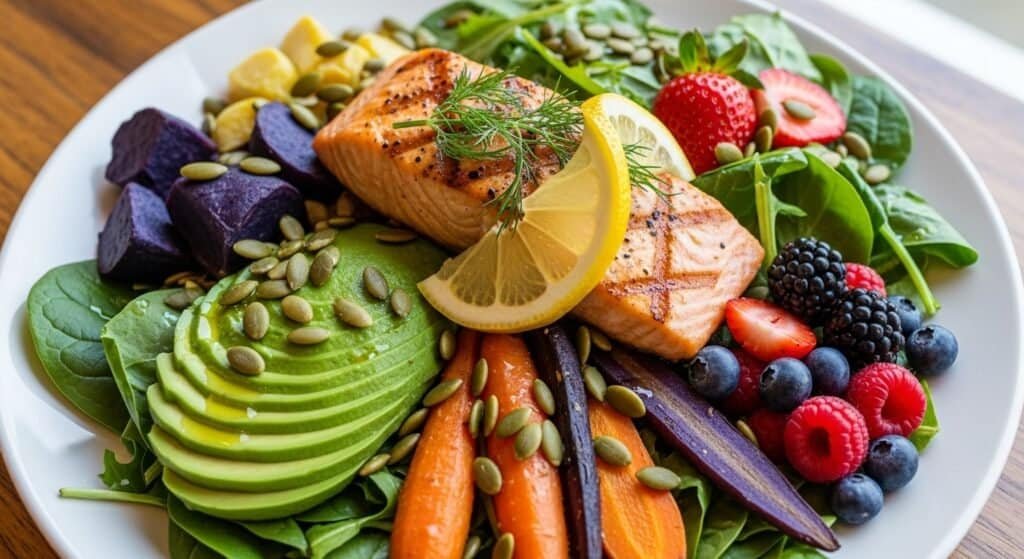 Nutrient-dense foods like fresh vegetables, fruits, and lean proteins to support longevity