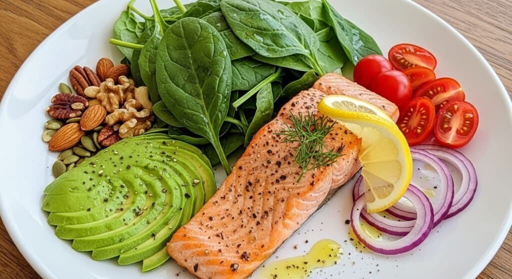 Healthy plate of nutrient-rich foods for hair health, including omega-3 and biotin-rich ingredients