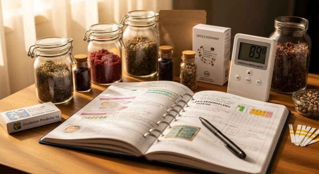 Fertility journal and ovulation kits on wooden desk under warm light