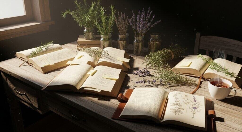 Desk with research materials, herbs and journal under soft daylight, symbolizing exploration
