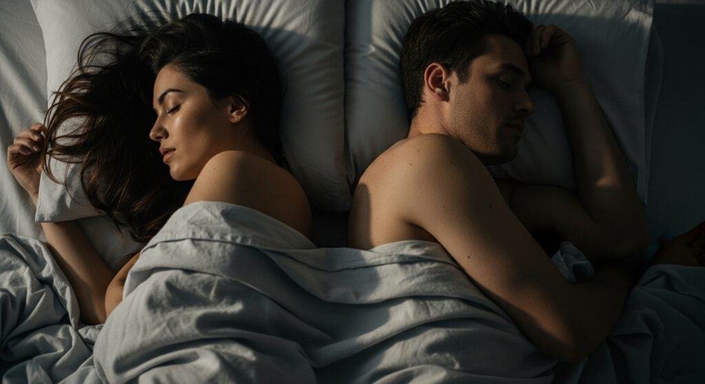 Couple lying side by side in dim light, tension and distance implied