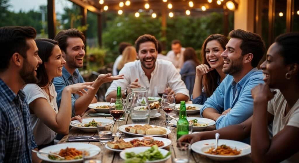 Group of friends enjoying a healthy, social gathering to promote emotional well-being and longevity
