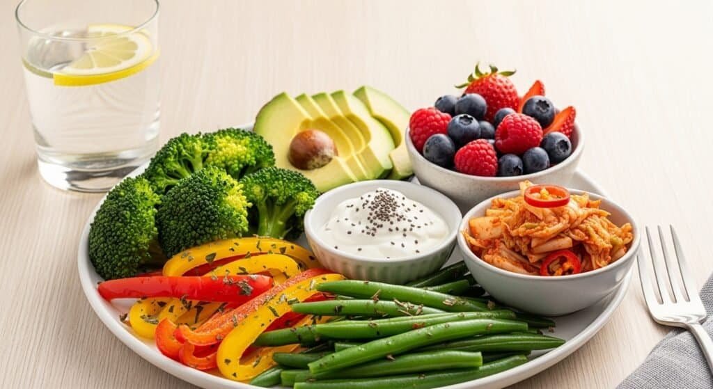 A balanced plate of fiber-rich and probiotic foods supporting gut health and weight loss