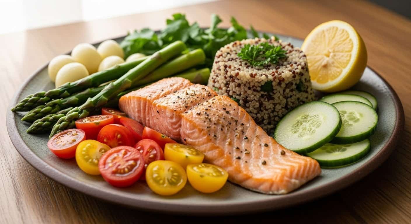 A heart-healthy meal of salmon, vegetables, and whole grains, promoting good cholesterol and heart health