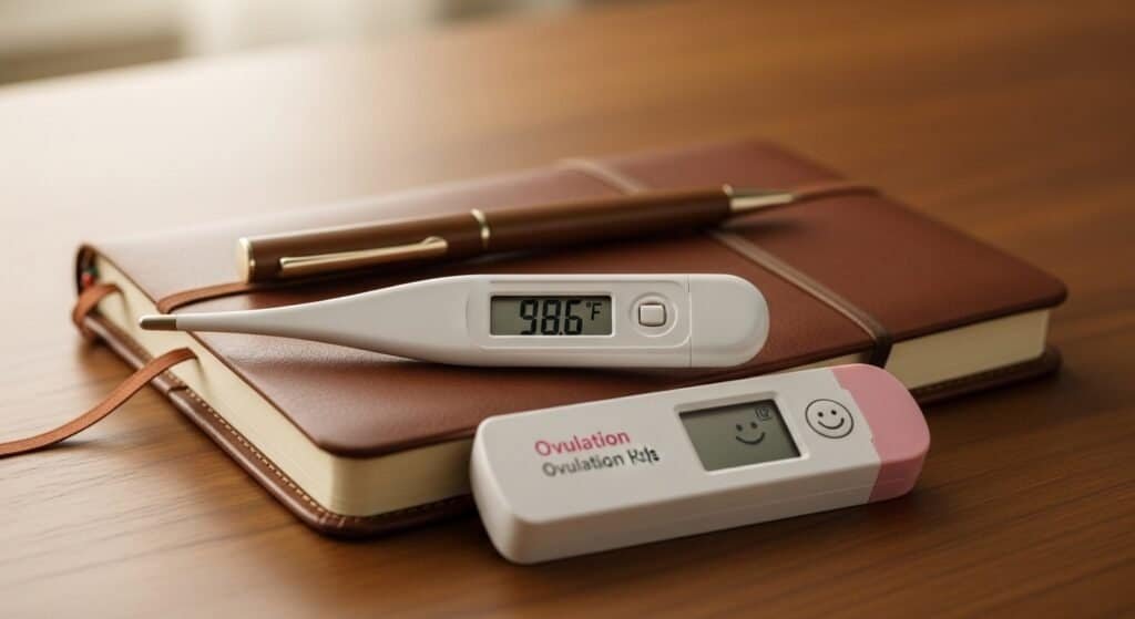 Fertility tracking tools including ovulation kit and cycle journal on desk.