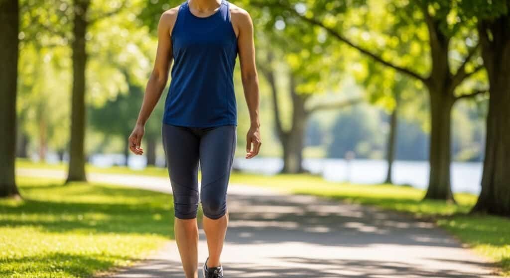 Person walking confidently outdoors, with visible improvement in varicose veins, embracing natural solutions for healthy leg