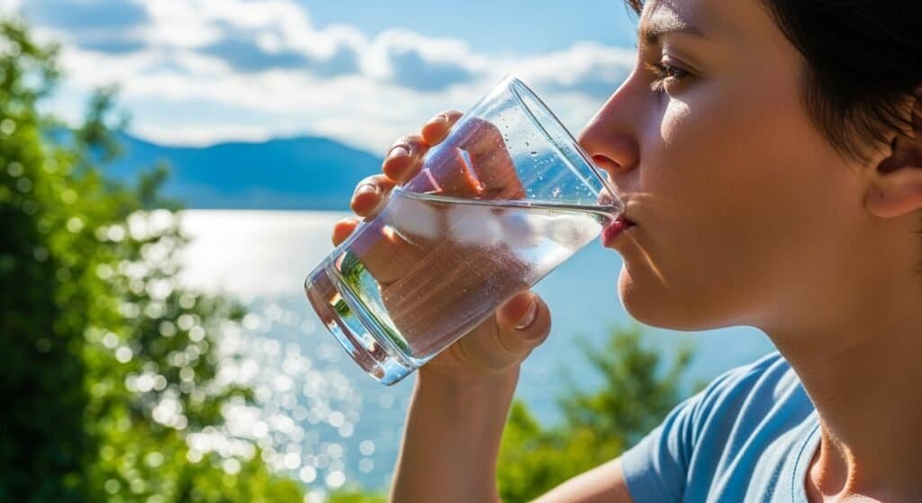 Individual staying hydrated by drinking water to improve circulation and reduce varicose veins