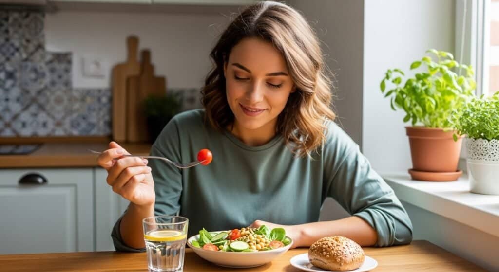 Before and after comparison showing starvation vs natural appetite balance using healthy eating habits.