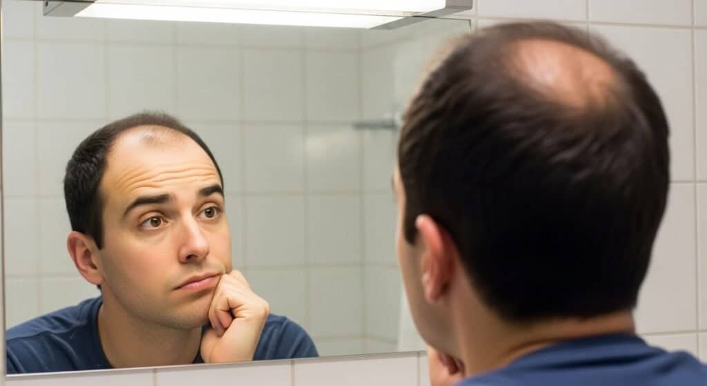 Person looking at their thinning hair in the mirror, feeling concerned about hair loss