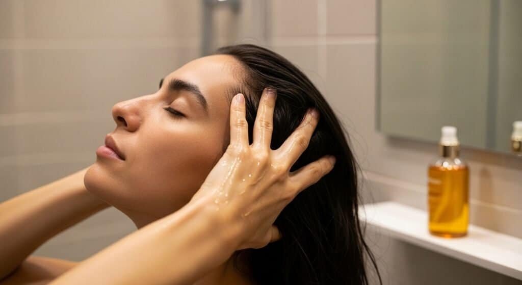 Person massaging their scalp with essential oils for improved hair follicle health