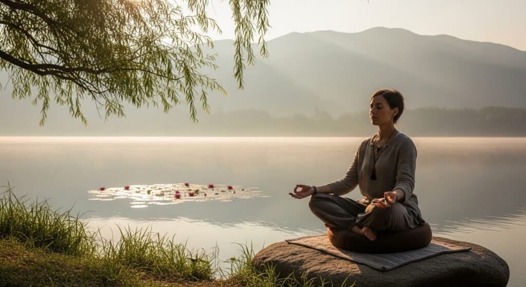 Person practicing mindfulness or meditation to reduce stress and promote longevity