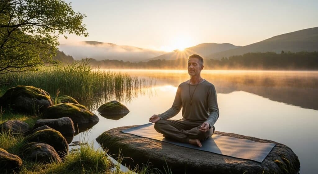 Person practicing mindfulness meditation to reduce stress and improve prostate health naturally