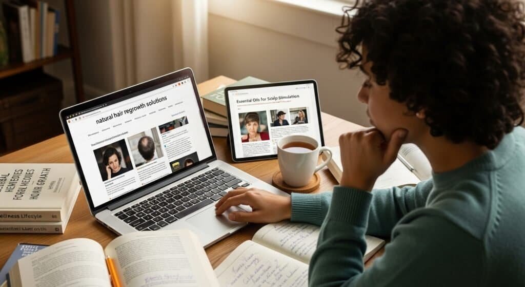 Person researching natural solutions for hair regrowth, focused on holistic health
