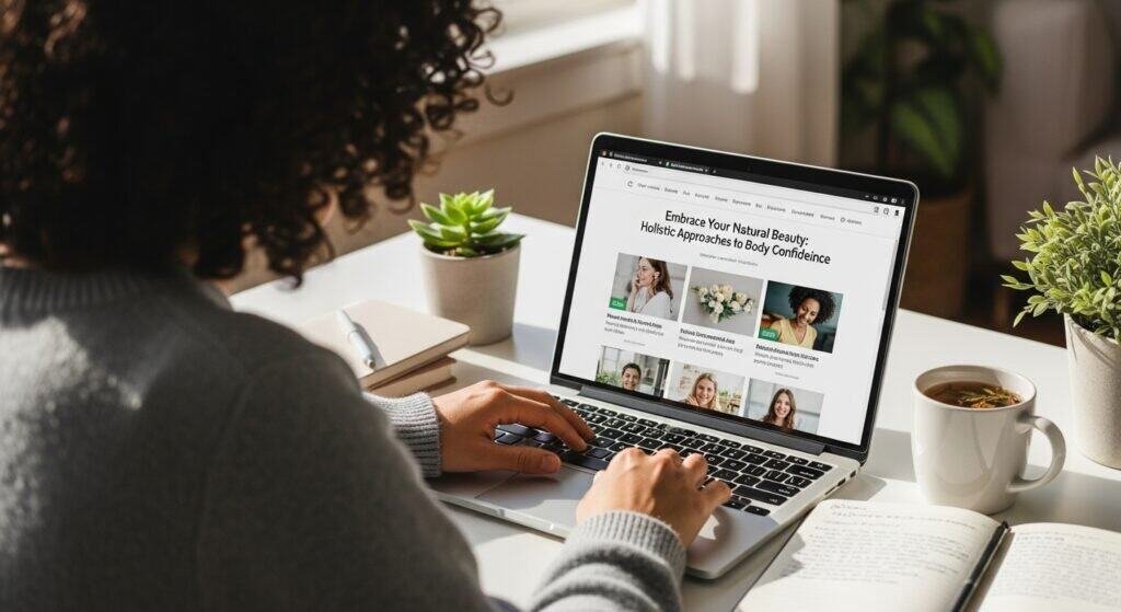 Woman researching natural solutions for body confidence and enhancement.