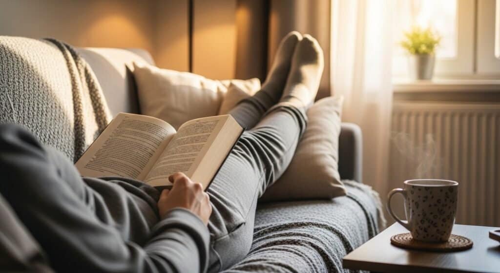 Person lying down with legs elevated on a pillow to reduce swelling and improve circulation