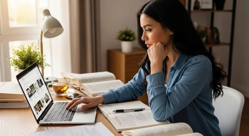 Person discovering natural hair loss solutions while researching on their laptop. its support stop hair loss naturally