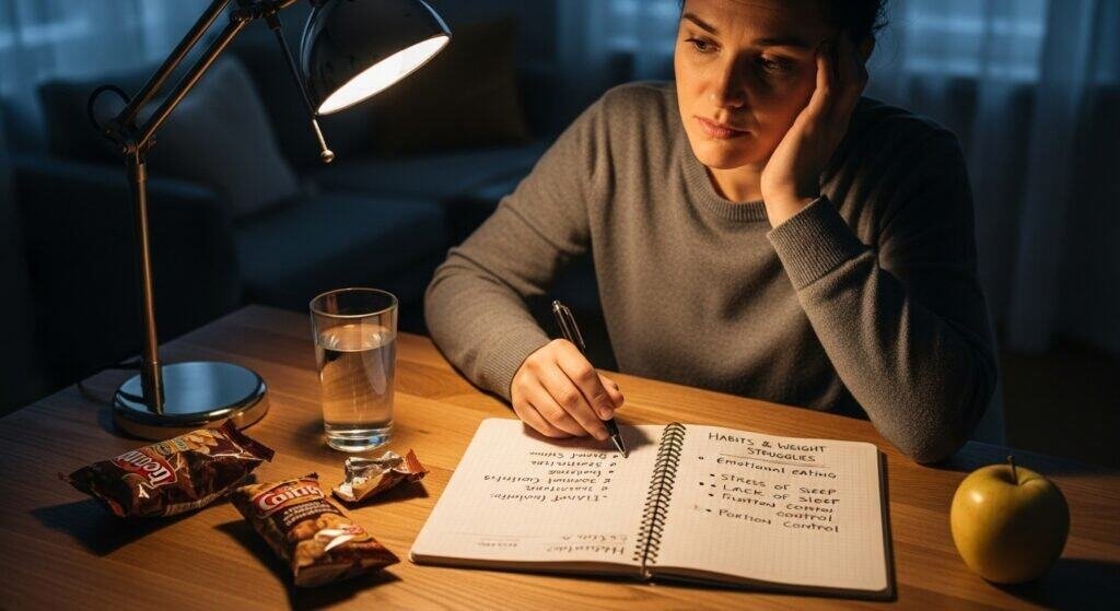 A person reflecting on their weight struggles, journaling to identify the root causes