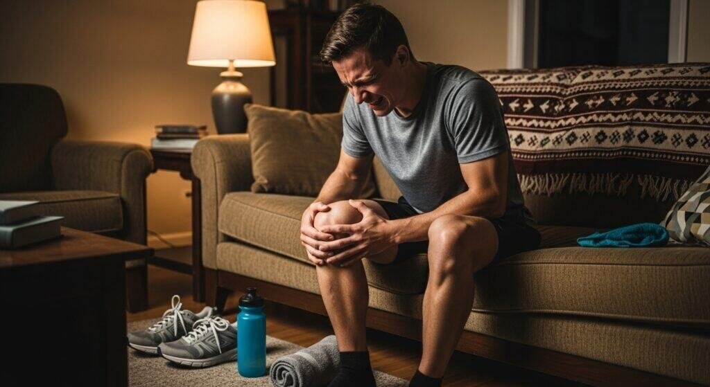 Person feeling frustrated and experiencing knee pain after physical activity