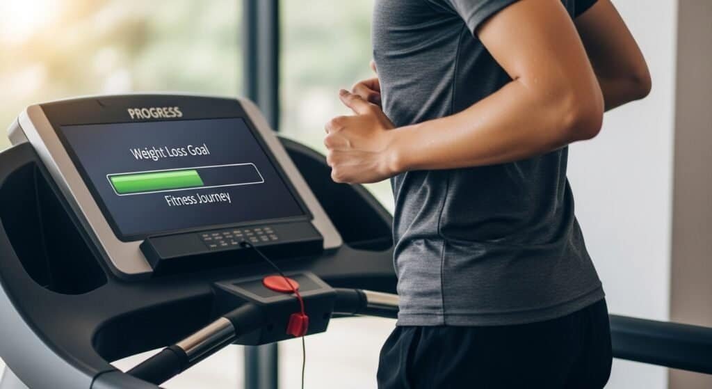 Person walking on a treadmill, working towards maintaining a healthy weight for joint health