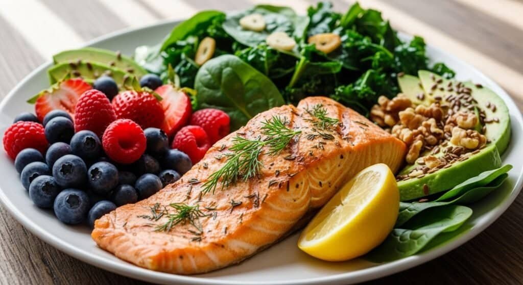 Plate of anti-inflammatory foods such as salmon, spinach, and berries to support vein health
