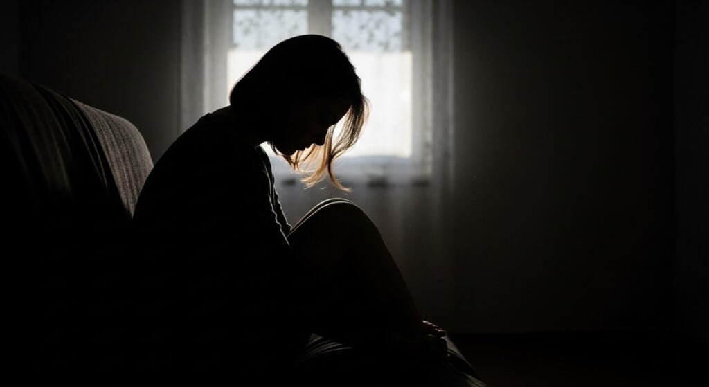 Woman sitting alone in soft shadow, conveying emotional weight and longing