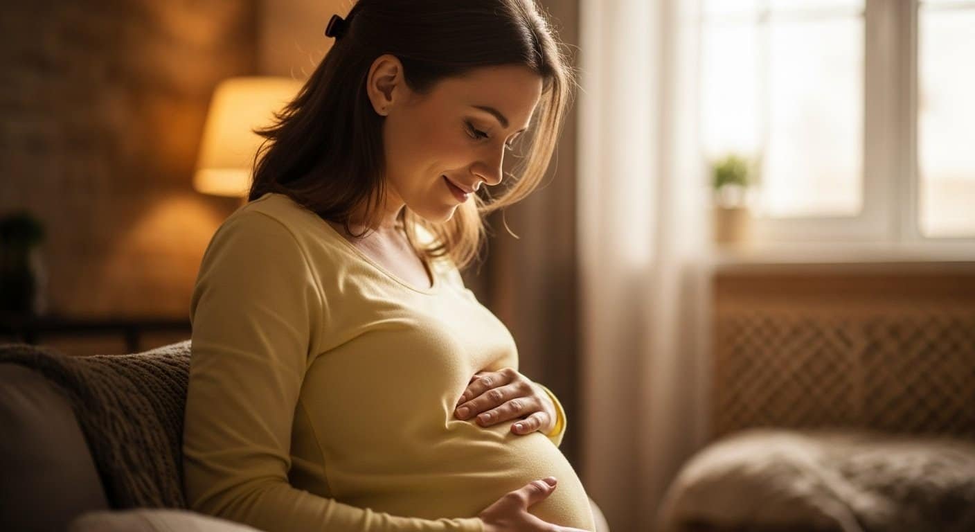 Woman standing in soft light, gently cradling belly, symbolizing hope for fertility