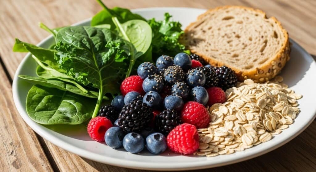 Fiber-rich foods like leafy greens, fruits, and oats supporting a natural colon cleanse and digestive health