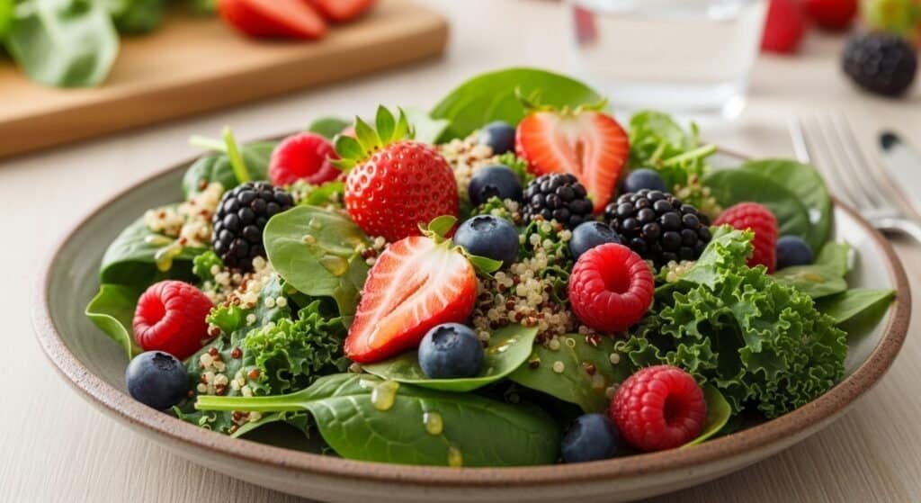 A balanced meal of leafy greens, whole grains, and berries for blood sugar regulation