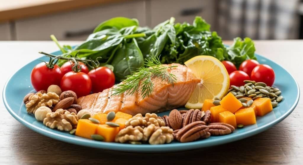 Prostate-healthy diet with nutrient-dense foods like leafy greens, fish, and nuts for reducing inflammation