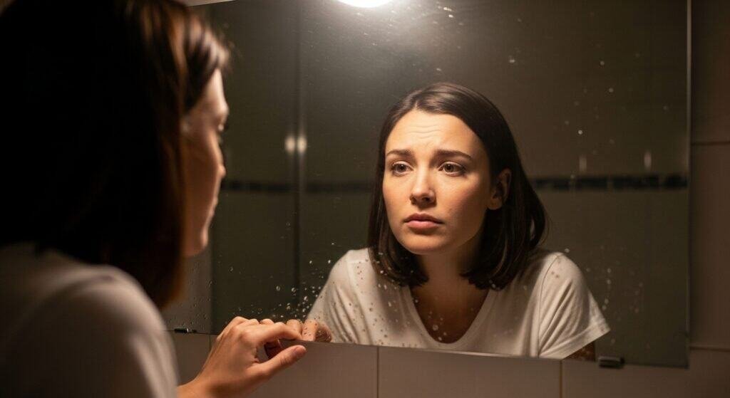 Woman looking in mirror with uncertain expression, reflecting inner struggle