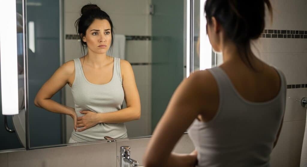 Woman looking at her reflection with a thoughtful expression, contemplating her body image