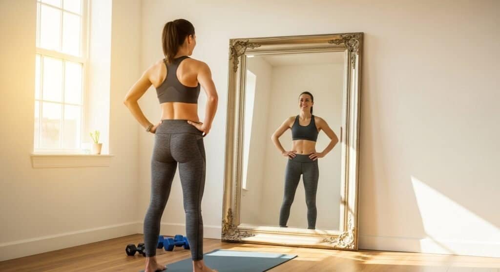 Confident woman embracing her body transformation, feeling empowered and proud of her natural curves.