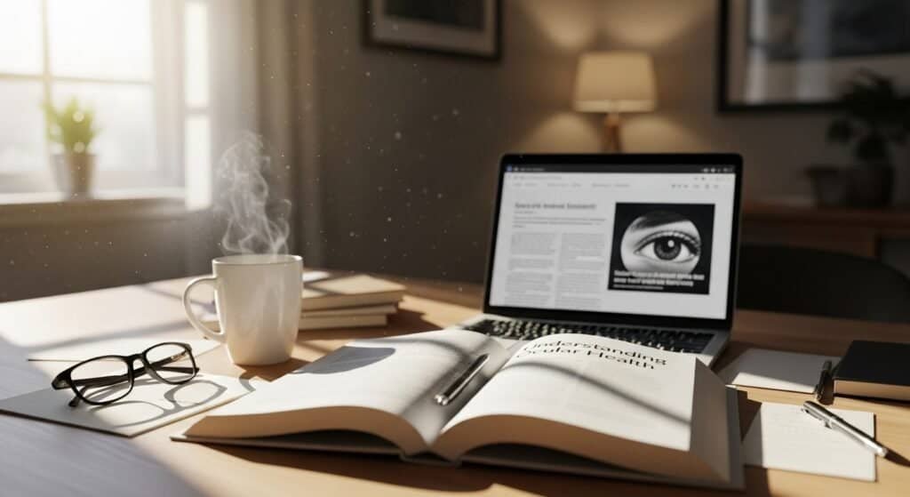 Sunlight over desk with open book and laptop showing research, symbolizing discovery and hope