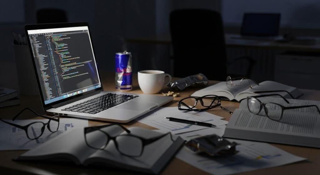 Messy desk with glasses and laptop under dim light, showing screen fatigue