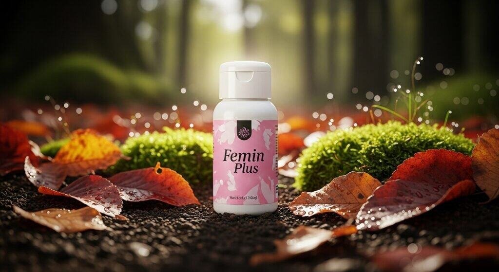 Femin Plus supplement bottle in natural setting, blending medicine and nature