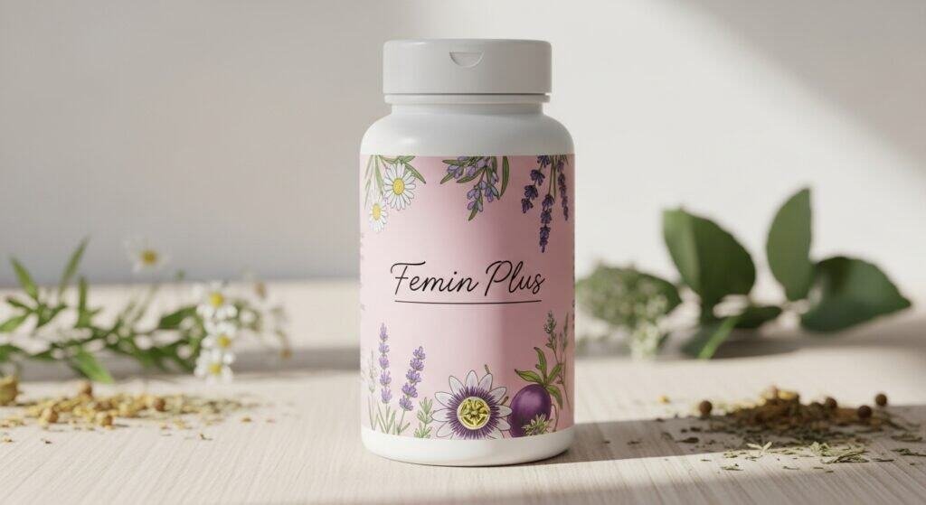 Femin Plus bottle placed among natural herbs in soft light. it help to boost female libido naturally