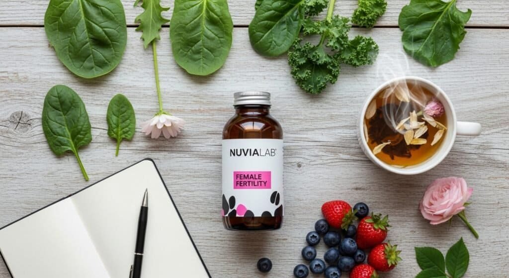 NuviaLab Female Fertility supplement bottle surrounded by natural fertility-supporting ingredients. it helps to boost female fertility naturally