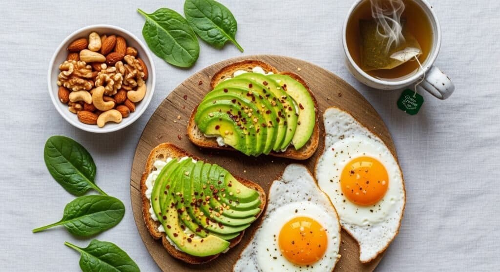 Balanced protein-rich meal with eggs, avocado, and nuts to support blood sugar balance and reduce cravings naturally.